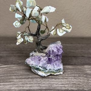 Rock Tree Amethyst Geode Amazonite Leaves 5” Crystal Rock Wire Art